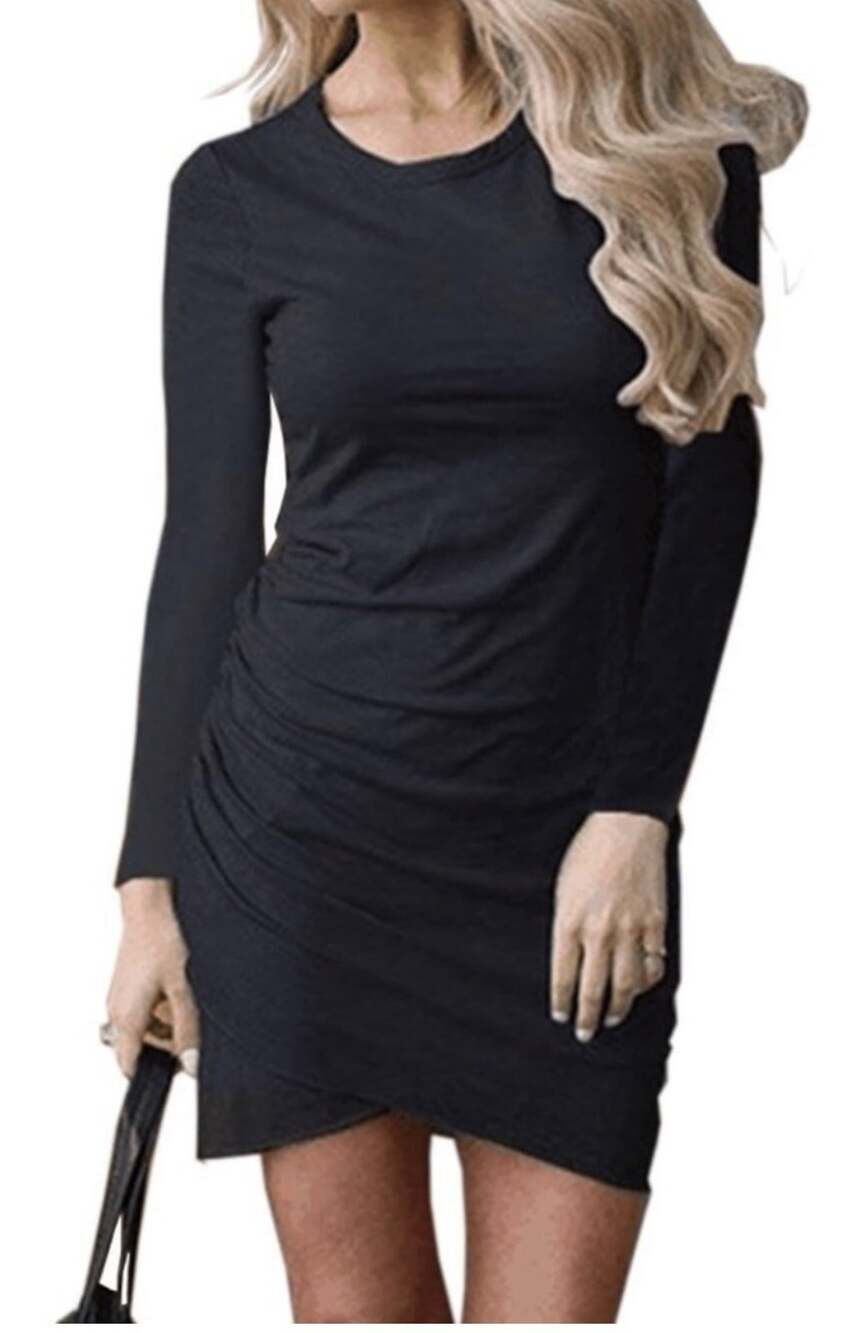 BTFBM Black Long Sleeve Ruched Bodycon Midi Dress Womens Medium Casual Chic